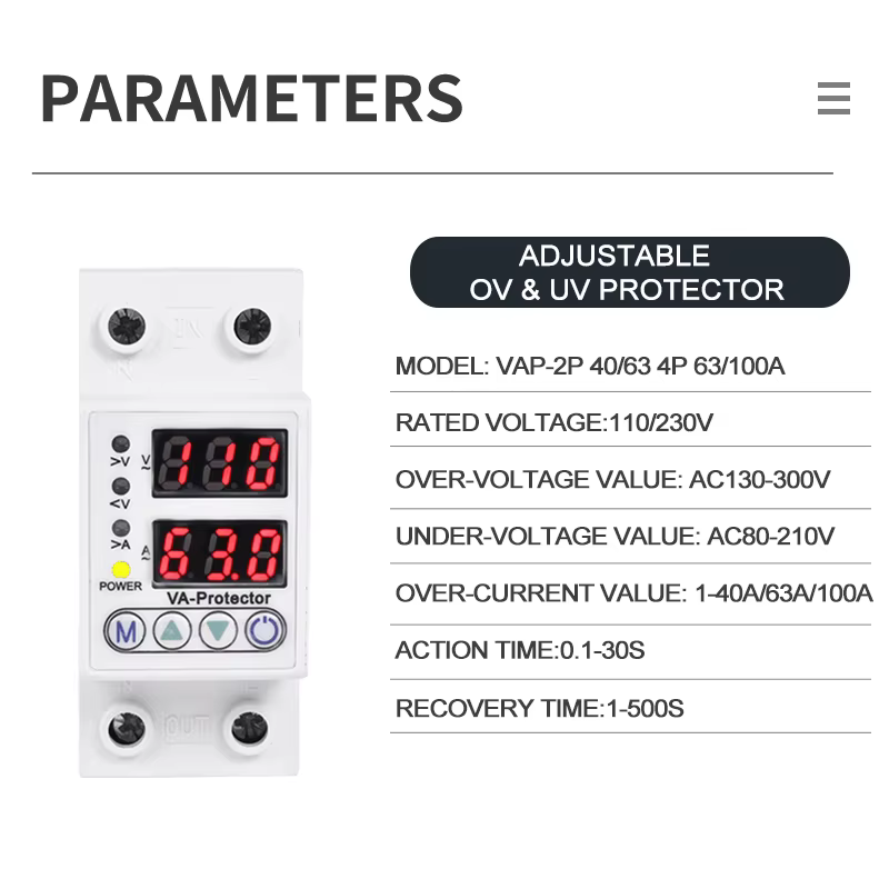 Protecteur de tension numérique 110V 220V 1P + N 63A 3P + N 100A, 2 pôles sur Rail Din réglable, affichage de Protection du courant de surtension