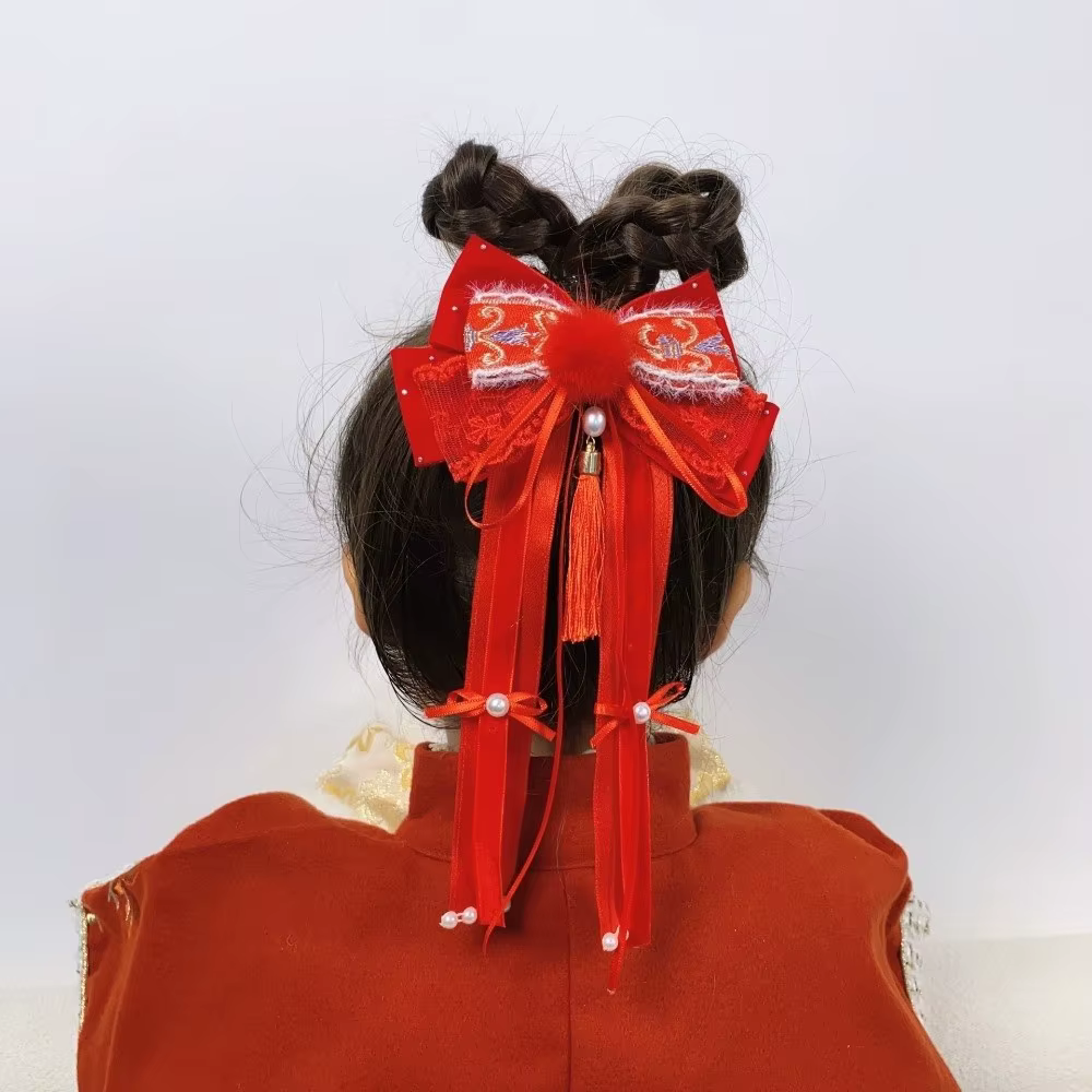 Pince à cheveux avec ruban à nœud rouge mignon, ruban à pampilles, épingle à cheveux pour nouvel an, Style Chienes Hanfu, ornement de cheveux, tresse