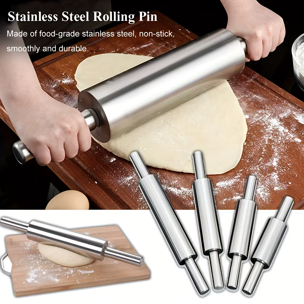 Rouleau à pâtisserie épais en acier inoxydable avec poignée antidérapante, rouleau à pâte robuste | Convient pour la pizza, les biscuits, les pâtisseries, la pâtisserie