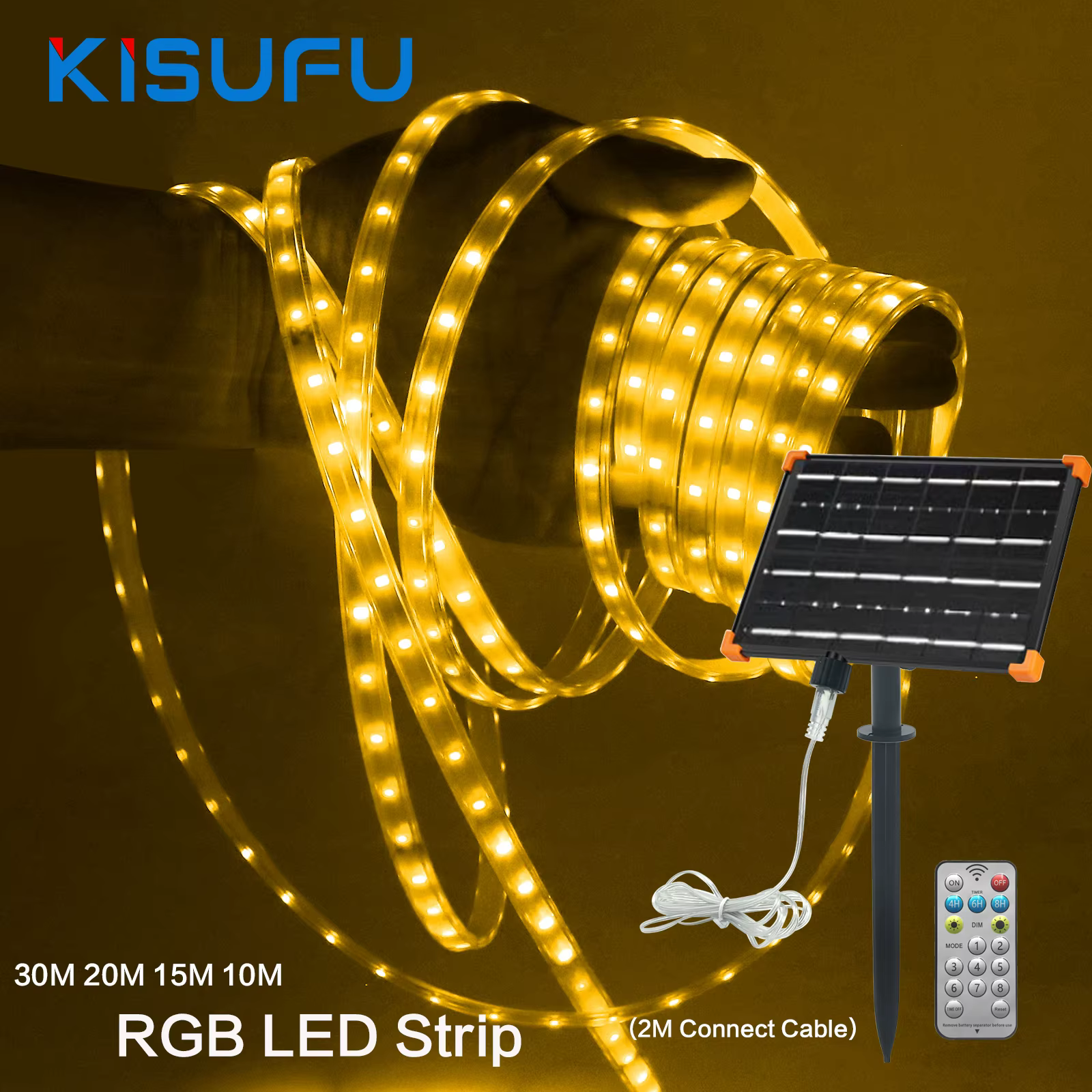 Bande lumineuse LED solaire étanche IP65, lumière chaude 3000K, 30m/20m/15m/10m, 5V, guirlande lumineuse de Noël, 8 modes, décoration de jardin et de cour