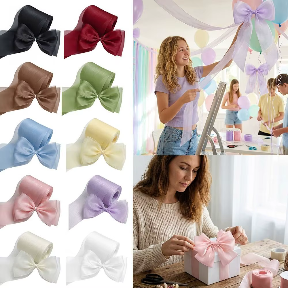 Ruban fluide large de 8 cm en mousseline de soie et organza