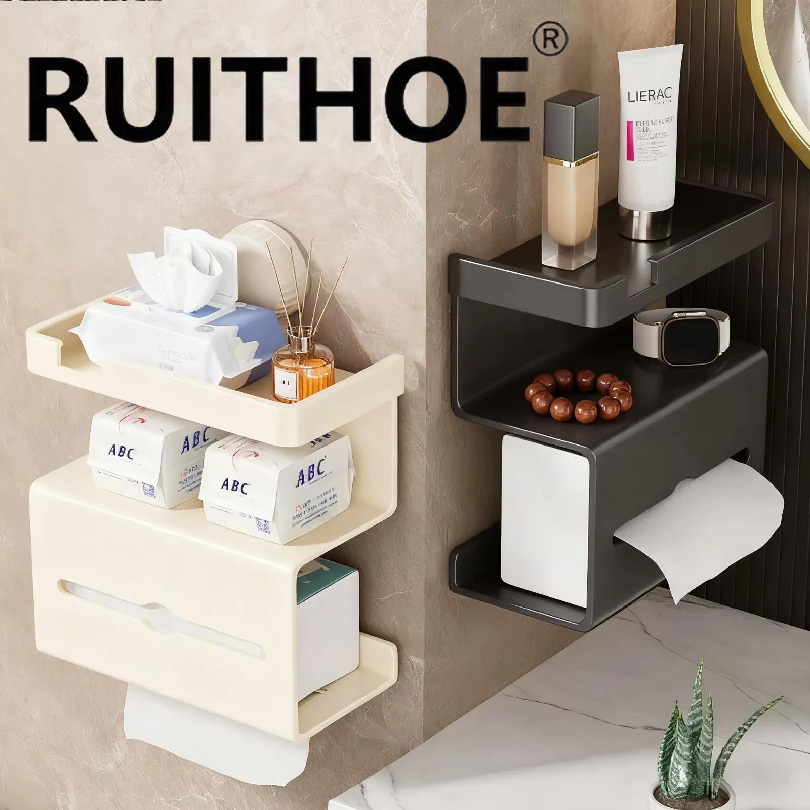 Porte-rouleau de papier toilette mural, distributeur de mouchoirs pour salle de bain, à ventouse/autocollant avec support de rangement, facile à installer