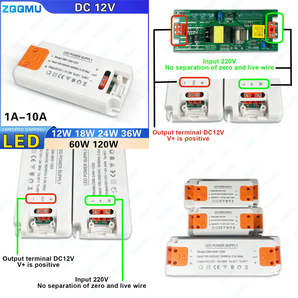 Alimentation LED 120W 60W 36W 24W 18W 12W 1A 2A 3A 5A 10A pour bandes LED 12V CC, adaptateur d'éclairage étanche