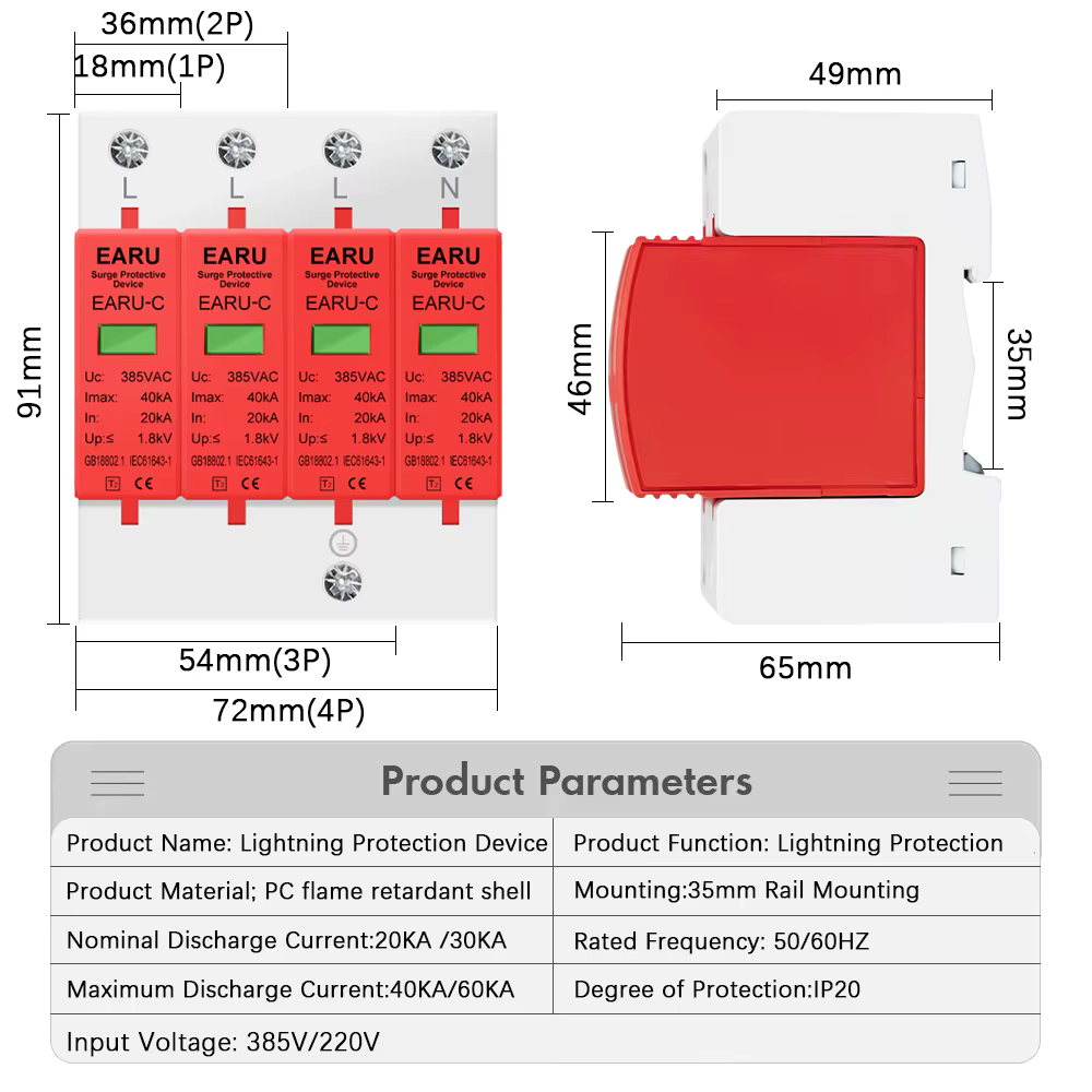 Dispositif de Protection contre les surtensions, parafoudre SPD, maison basse tension, 1/2/3/4 pôles, Protection contre les surtensions, DC 500V 800V 1000V 40KA 60KA