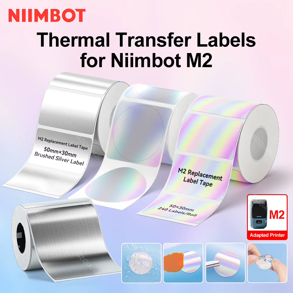 Ruban d'étiquettes de transfert thermique pour imprimante Niimbot M2/M3, ruban de transfert thermique pour maison et bureau, étiquette autocollante en papier de largeur 20-50mm