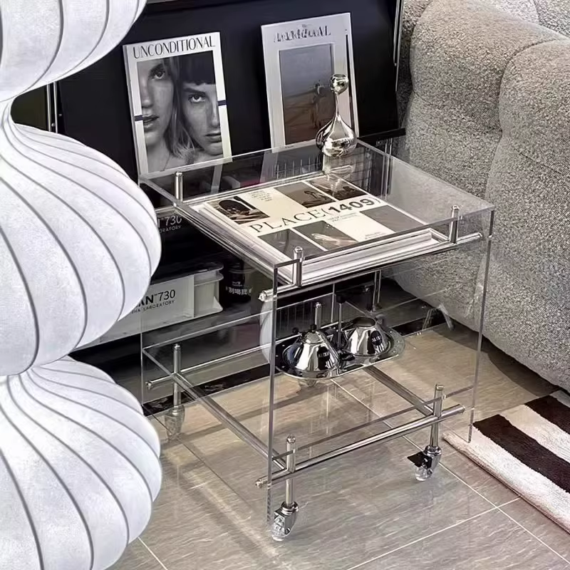 Table basse moderne Tables d'extrémité carrées minimalistes Table à thé créative Tables d'appoint en acrylique Transparent sur roulettes Design de décoration