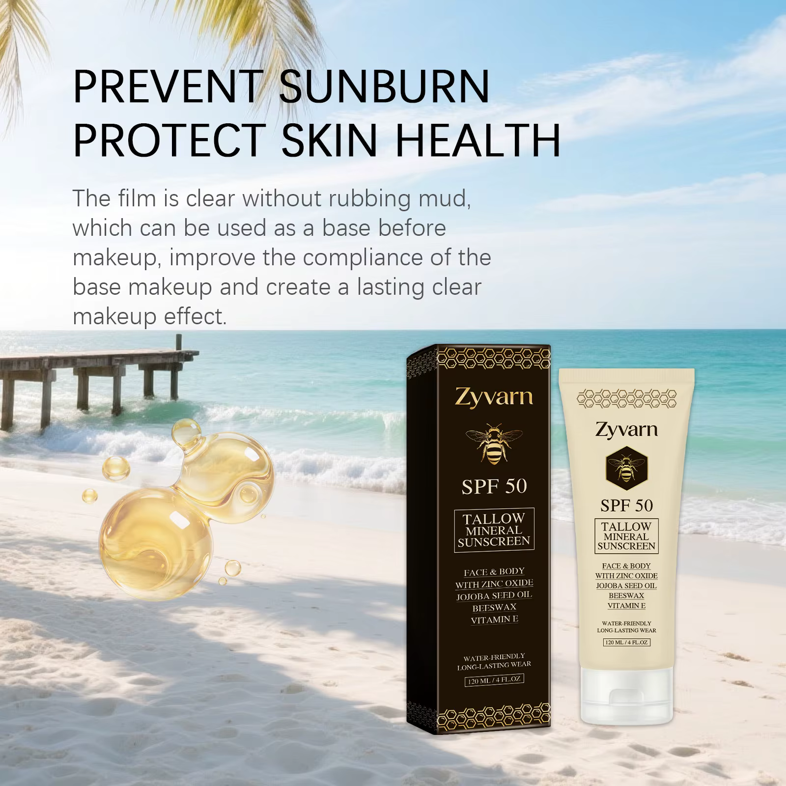 Crème solaire minérale au suif de bœuf biologique SPF 50, formule naturelle, protection solaire complète pour le visage et le corps, protection solaire quotidienne pour l'été en plein air