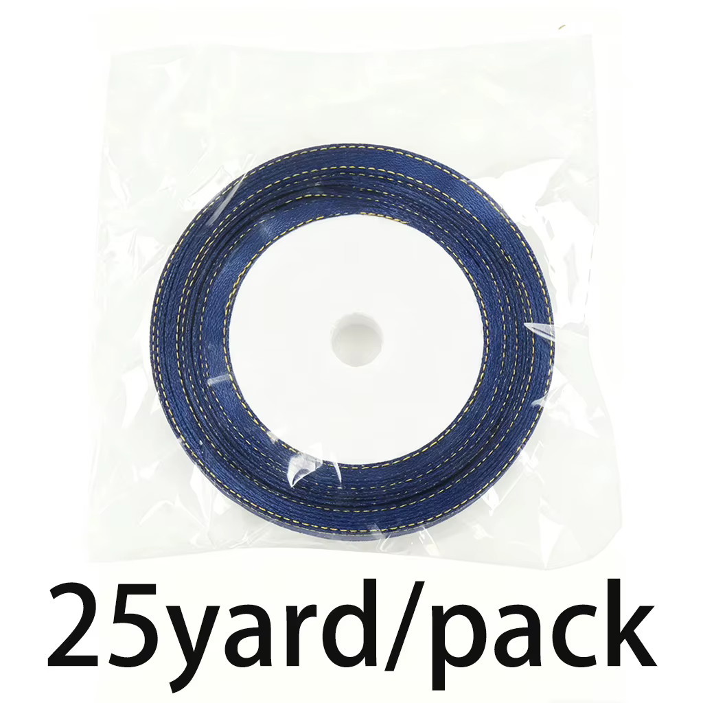 (25 Yards/Lot) Ruban en satin bleu foncé à bord doré Rubans d'emballage cadeau de haute qualité
