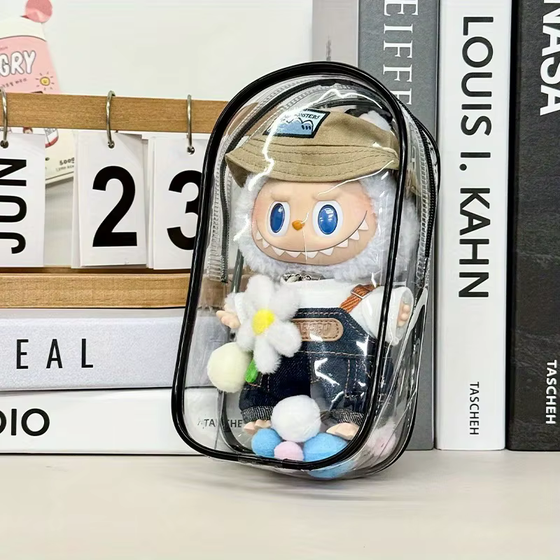 1 housse anti-poussière Labubu, sac de rangement portable transparent en PVC pour usage extérieur, sac de marche pour poupée Labubu