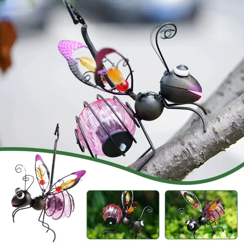 Statue d'insecte solaire en fer avec lumière féerique LED