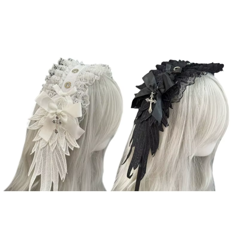 Cerceau cheveux en dentelle à volants pour femmes, avec bandeau en maille, nœud accessoires Cosplay