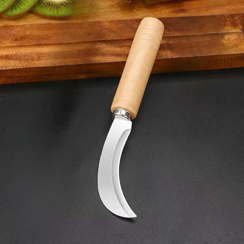 Couteau en acier inoxydable courbé avec manche en bois - Outil 2-en-1 pour le désherbage des jardins d'été, parfait pour une utilisation en extérieur