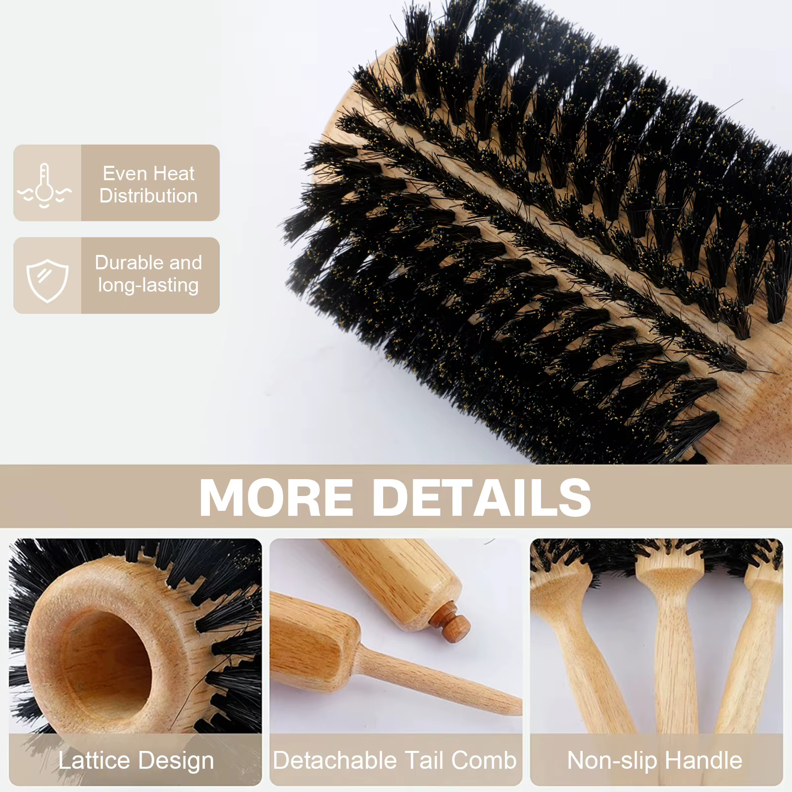 6 tailles manche en bois poils de sanglier brosse ronde queue amovible professionnel Salon de coiffure