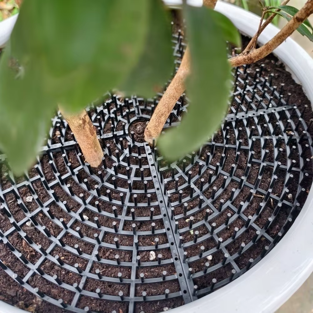 Grille de protection respirante en maille pour pot de plantes, avec découpes à pointes pour la protection du sol, et piquets inclus