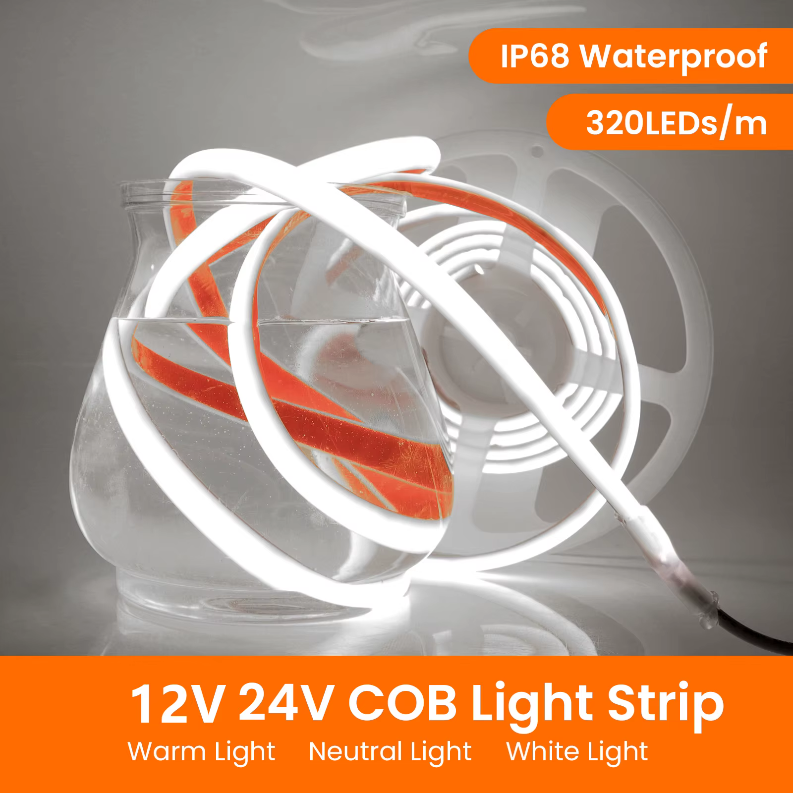 Bande LED COB 12V 24V IP68 étanche haute densité 320 LED s/m bande LED COB Flexible néon blanc rouge vert bleu rose jaune
