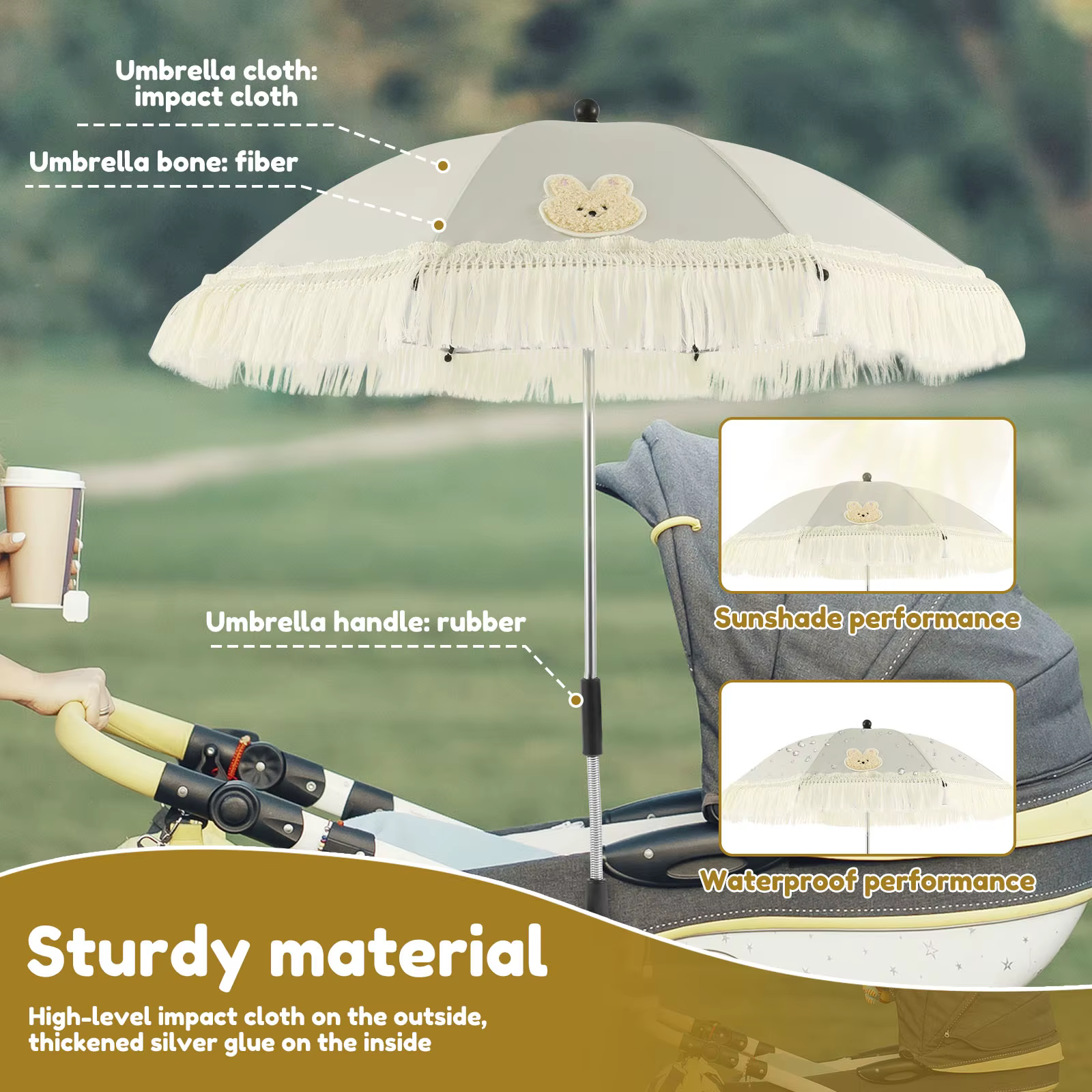 Parapluie de poussette pour bébé, Parasol de Protection UV, imperméable, pompon universel, mignon, réglable, accessoires de couverture