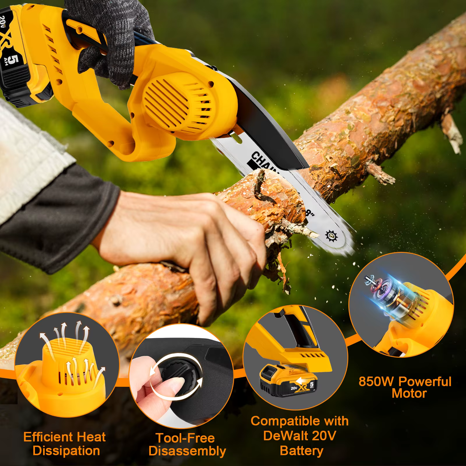 Scie à chaîne sans fil pour batterie Dewalt 20V (sans batterie), tronçonneuse de taille manuelle à balais électriques de 8 pouces, coupe puissante rapide 10 m/S