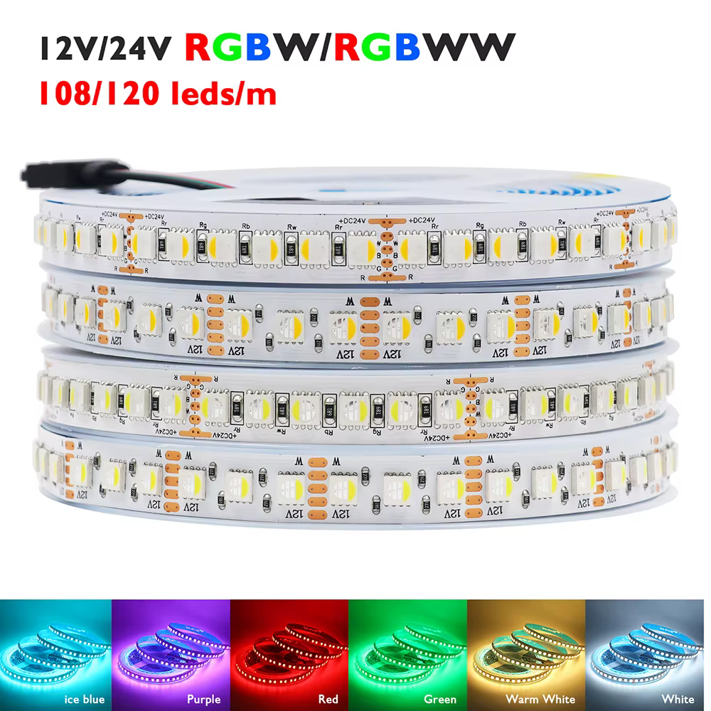 Bande lumineuse Led RGBW, 5m, 4 couleurs en 1, puce RGBWW 12V 24V 5050 120 60 108 LED, ruban Flexible, DC, décoration d'intérieur