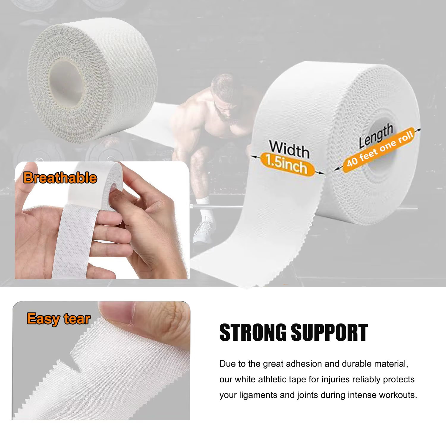 1/6 pièces ruban athlétique 1,5 pouces ruban de sport blanc adhésif pas collant pas de résidu collant poignet cheville bande pour gymnastique boxe crosse