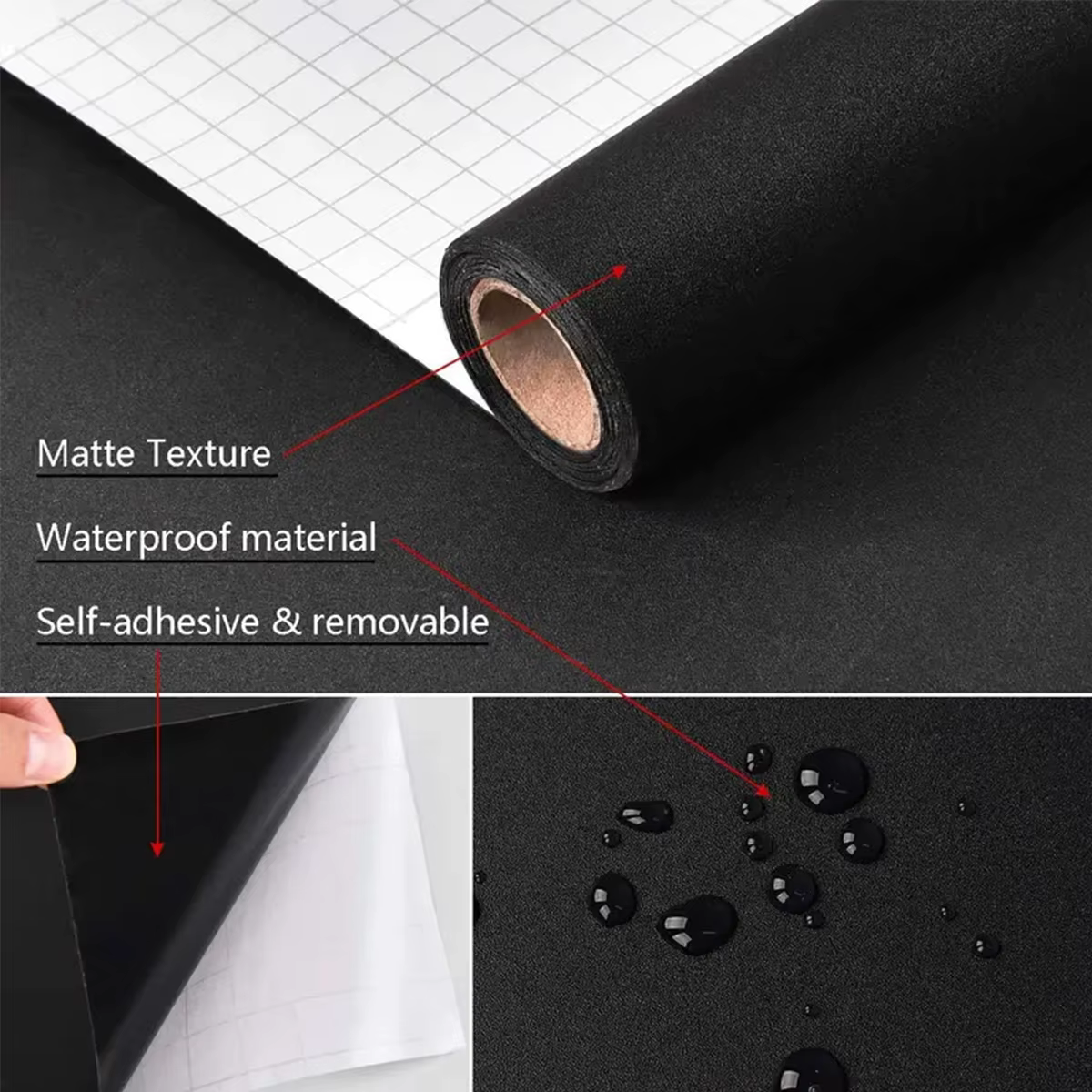 1 rouleau de papier peint auto-adhésif en vinyle noir mat prêt à décoller, adapté aux murs de pièces, aux comptoirs de cuisine et aux armoires