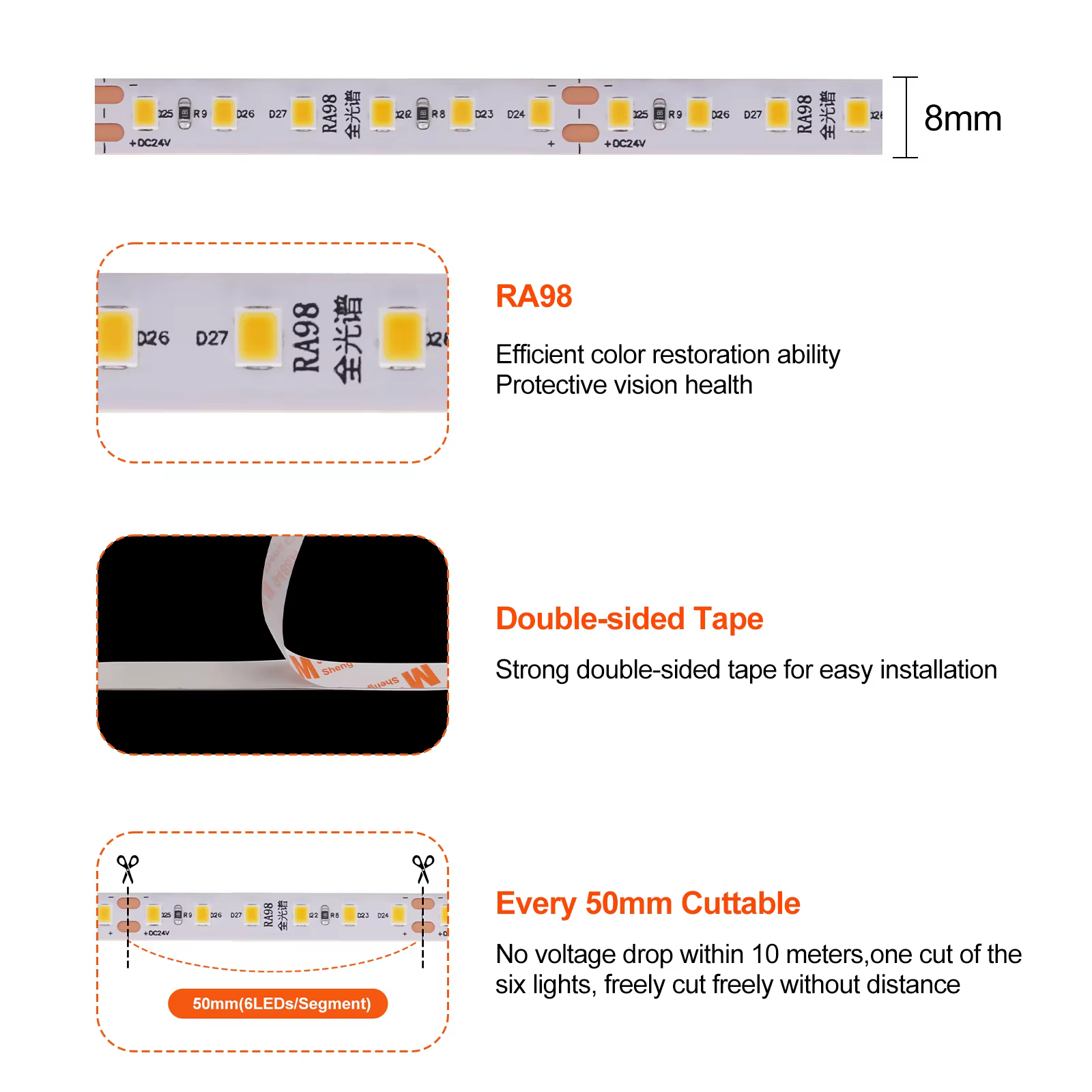 RA98 LED bande IP20 120 LED s/M SMD 2835 2700K 3000K 3500K 4000K 5000K 6000K décor à la maison ruban Flexible lumière DC 24V 5M 10M