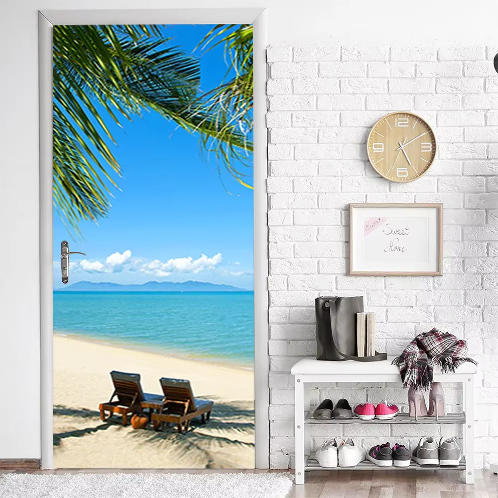 Autocollant Mural de porte 3D vue sur la mer plage